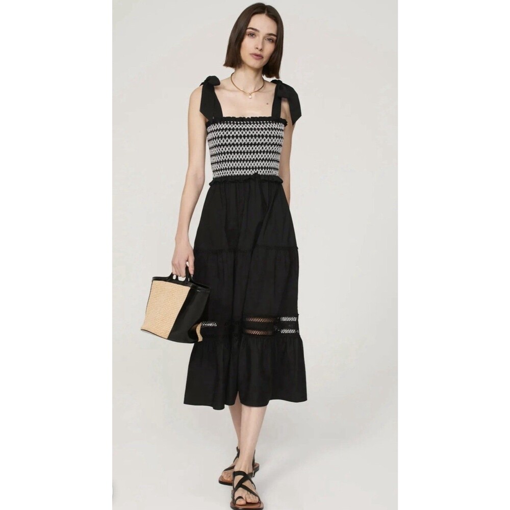 PETER SOM Collective Black White Smocked Midi Lace Dress A-Line,  Size M